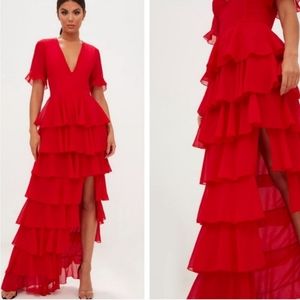 PLT prettylittlething red ruffle dress